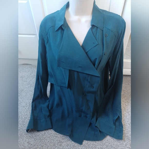 Rebecca Minkoff asymmetrical button up epaulets silk green Blouse sz. 6 - Picture 6 of 8